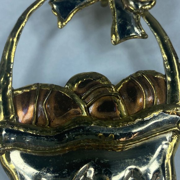 Easter Basket Jewelry Pin Brooch Silver Gold Color Metal Bow Eggs Handle Holiday - Picture 6 of 16